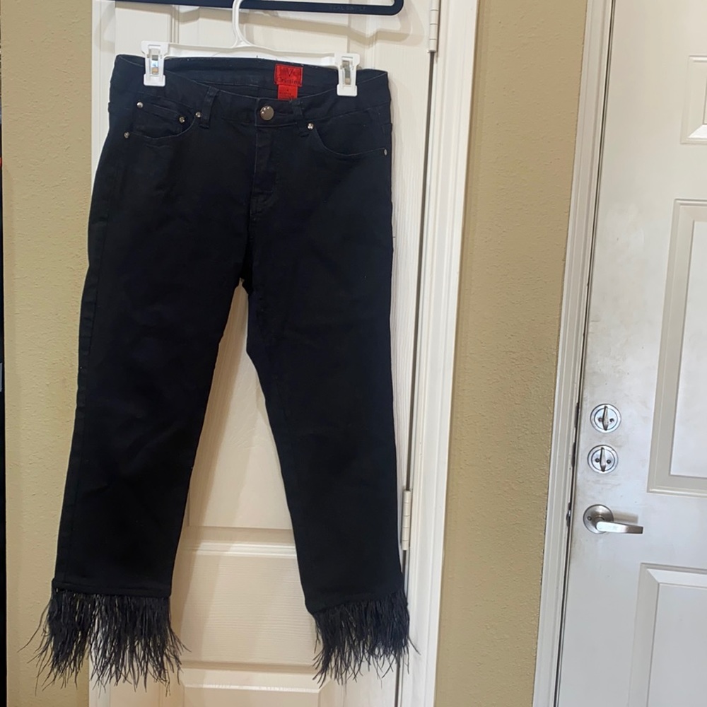 Black jeans with fur trim